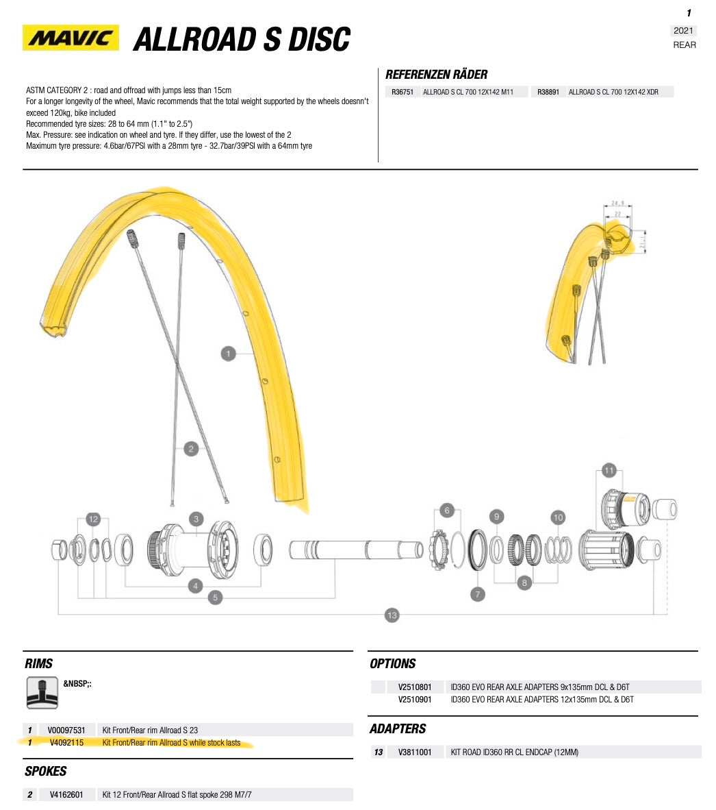 Mavic Allroad S Disc Rim Front/Rear (2021+) - V4092115