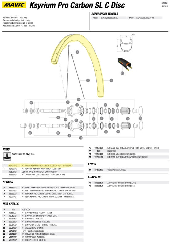 Mavic Ksyrium Pro Carbon SL C DISC REAR Rim 2016+ - V2401713
