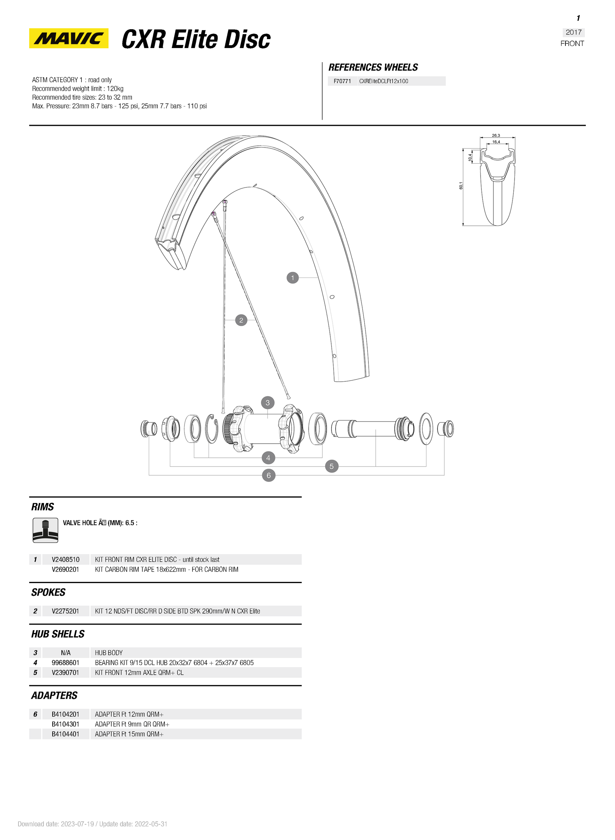 Mavic CXR Elite Disc FRONT Rim 2017+ - V2408510