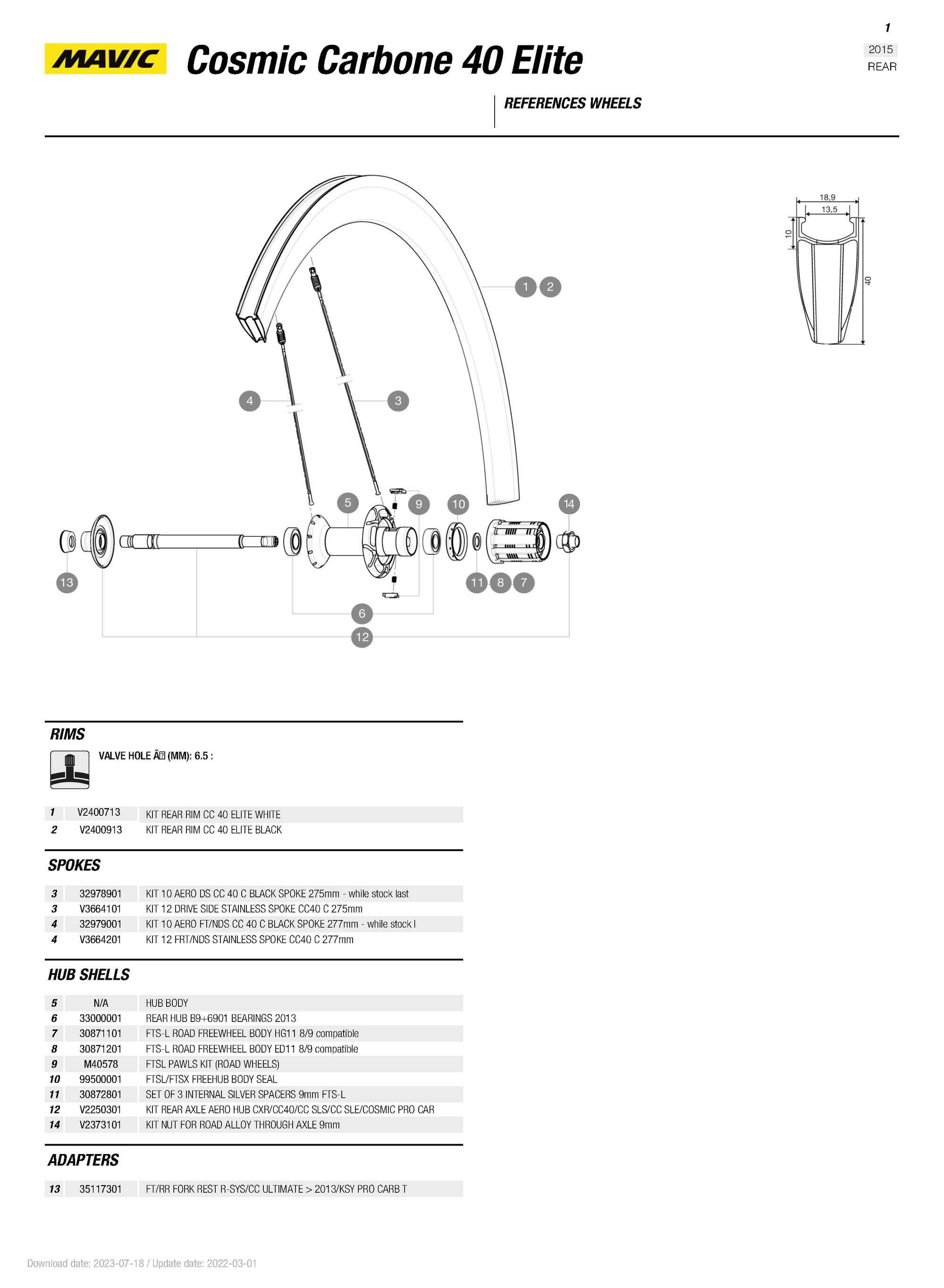 Mavic Cosmic Carbone 40 Elite Rear Rim (2015+) - V2400913