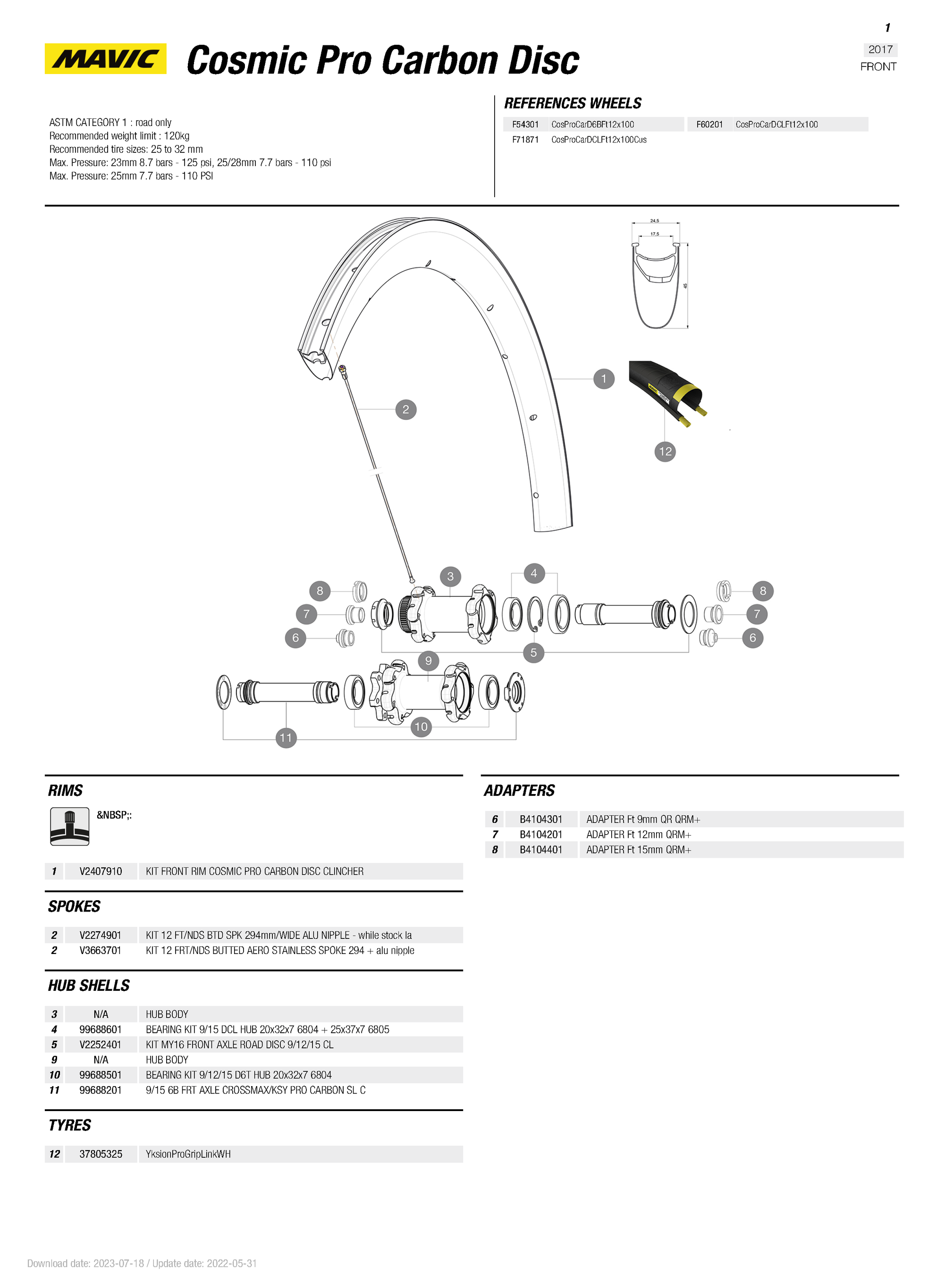 Mavic Cosmic Pro Carbon Disc FRONT Rim 2017+ - V2407910