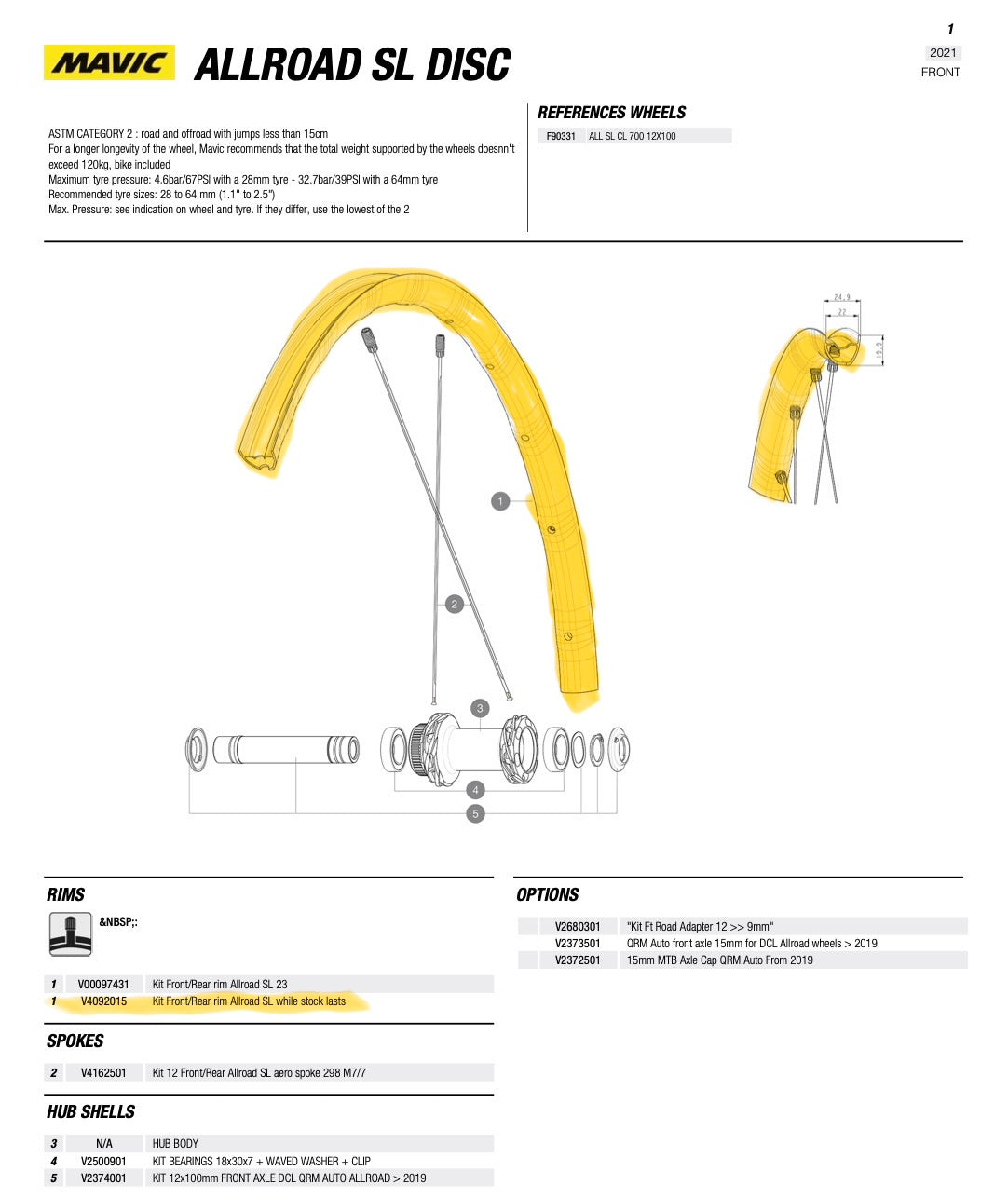 Mavic Allroad SL Disc Rim Front/Rear (2021+) - V4092015