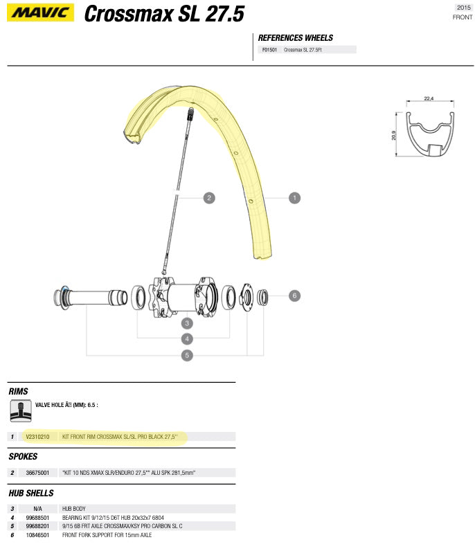 Mavic Crossmax SL FRONT Rim 27.5&quot; 2015+  -  V2310210